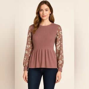 89th + Madison Lavender Peplum Pull On Sweater Bodice Sheer Sleeve  Mixed Media